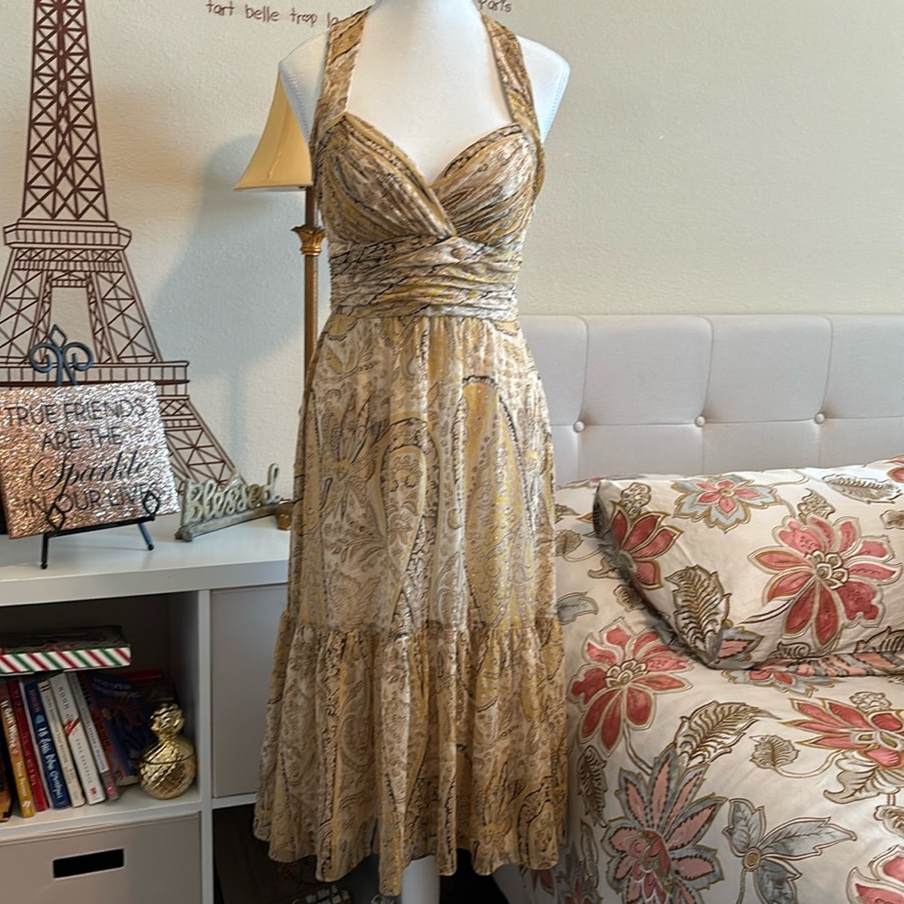 BCBGMaxAzria Vintage Silk Backless Midi Dress Ivory/Gold/Black Dress size 4